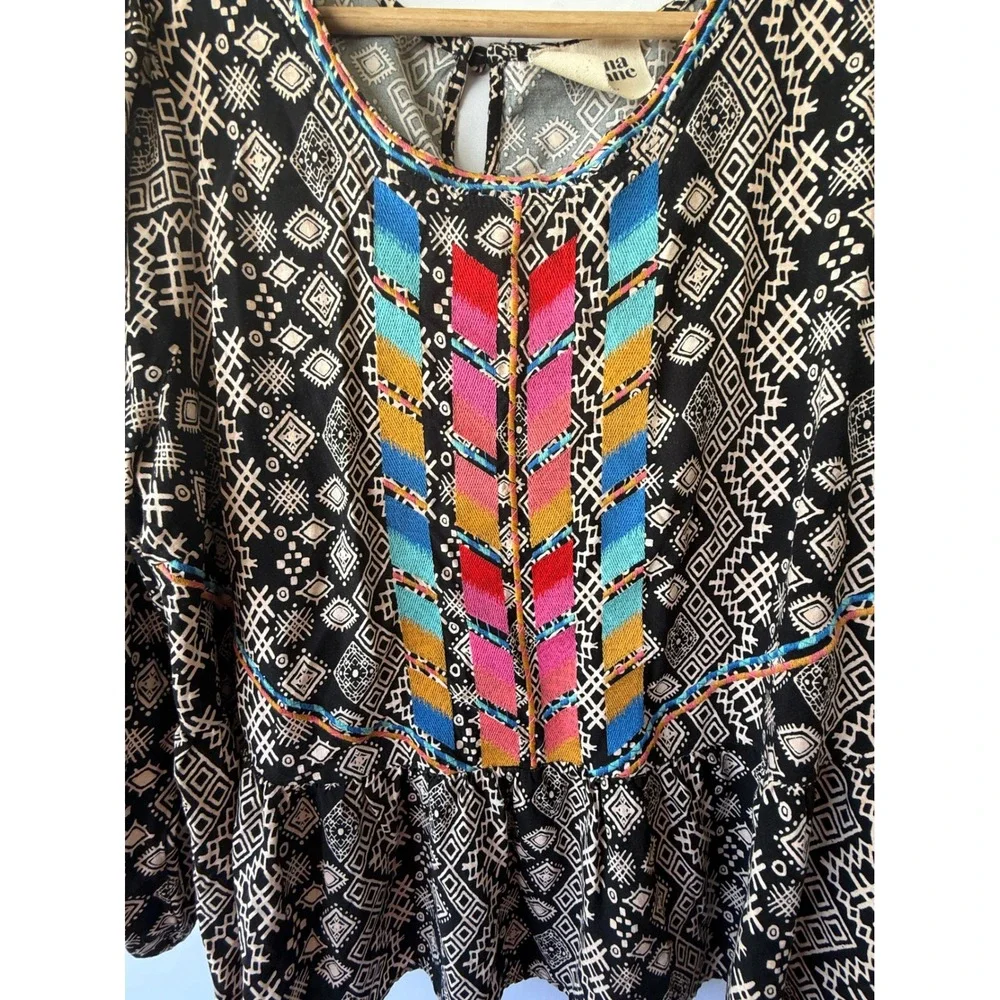 Savanna Jane Black Tribal Print Embroidered Peplum Blouse Top 1X PT10073 - Picture 5 of 8